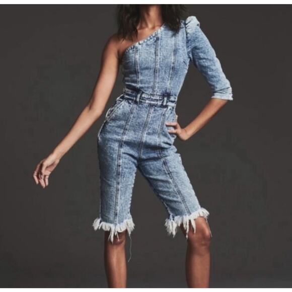 Retrofete Reyna Romper Denim Light Blue Shorts Tie Dye Acid Wash Size Small - Picture 2 of 12